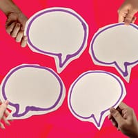 Illustration of 4 different hands holding speech bubbles
