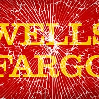 Illustration of Wells Fargo logo behind broken glass screen.