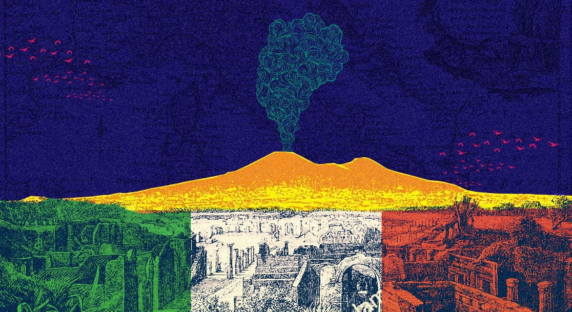 Illustration of Ancient Pompeii and smoking volcano.