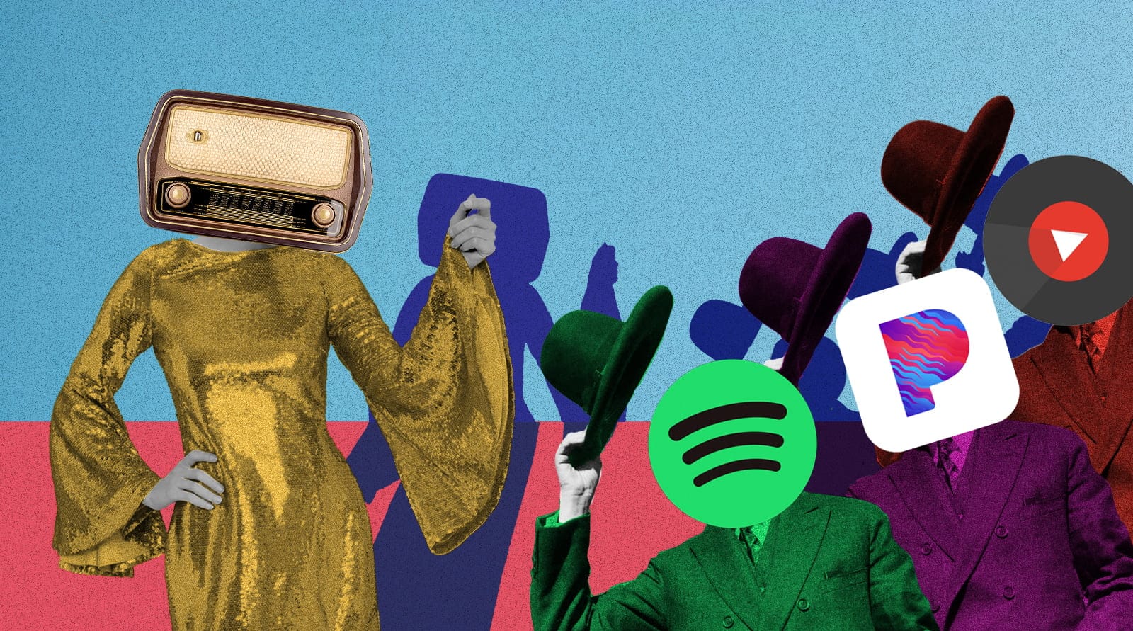 Illustration of figures like Spotify and Pandora tipping hat to radio.