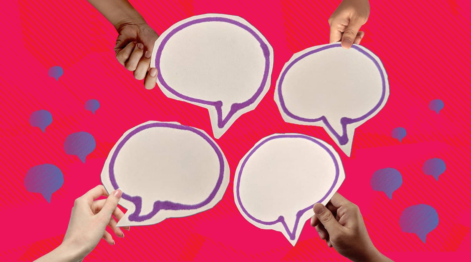 Illustration of 4 different hands holding speech bubbles