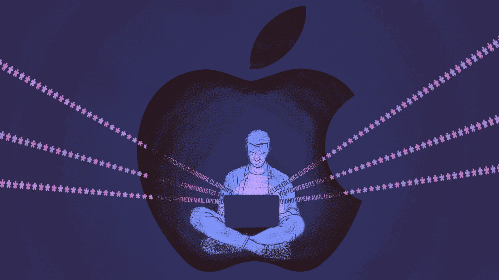 Illustration of person on laptop inside an Apple logo bubble.