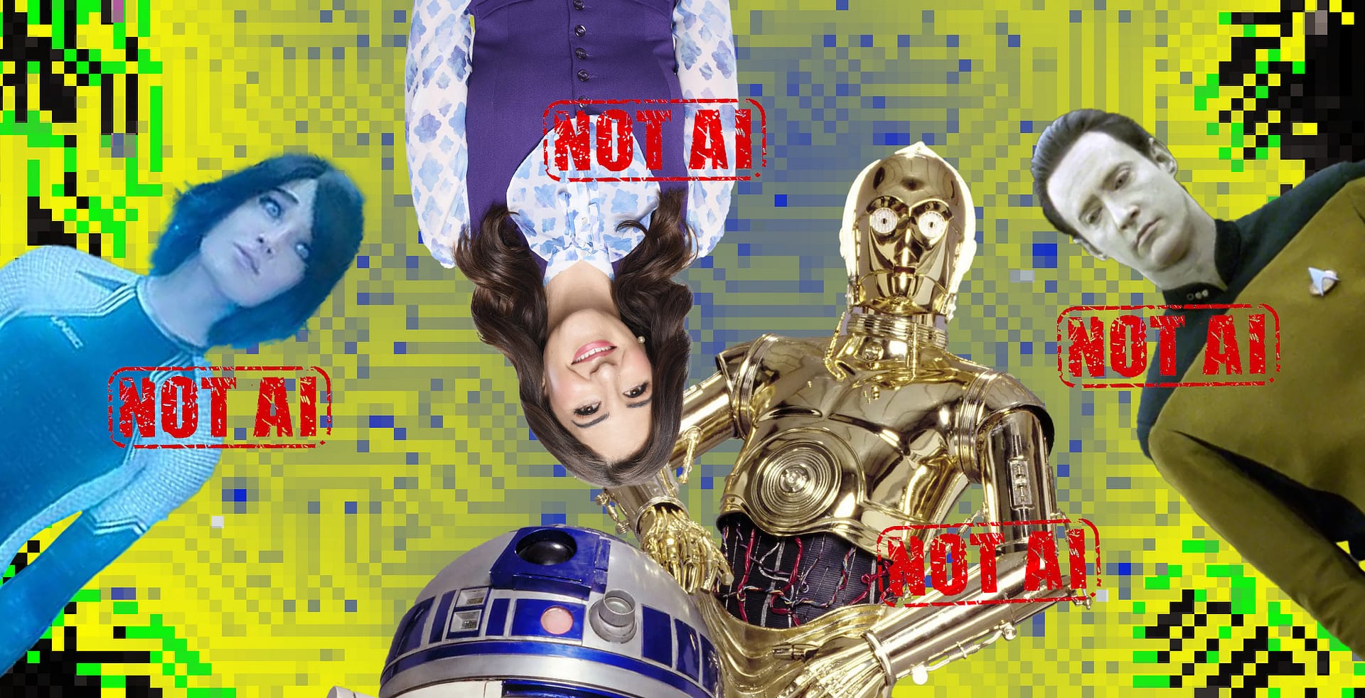 Illustration showing famous AI characters in Sci-Fi: Cortana, Janet from the Good Place, Data from Star Trek, and C-3PO and R2-D2 from Start Wars.