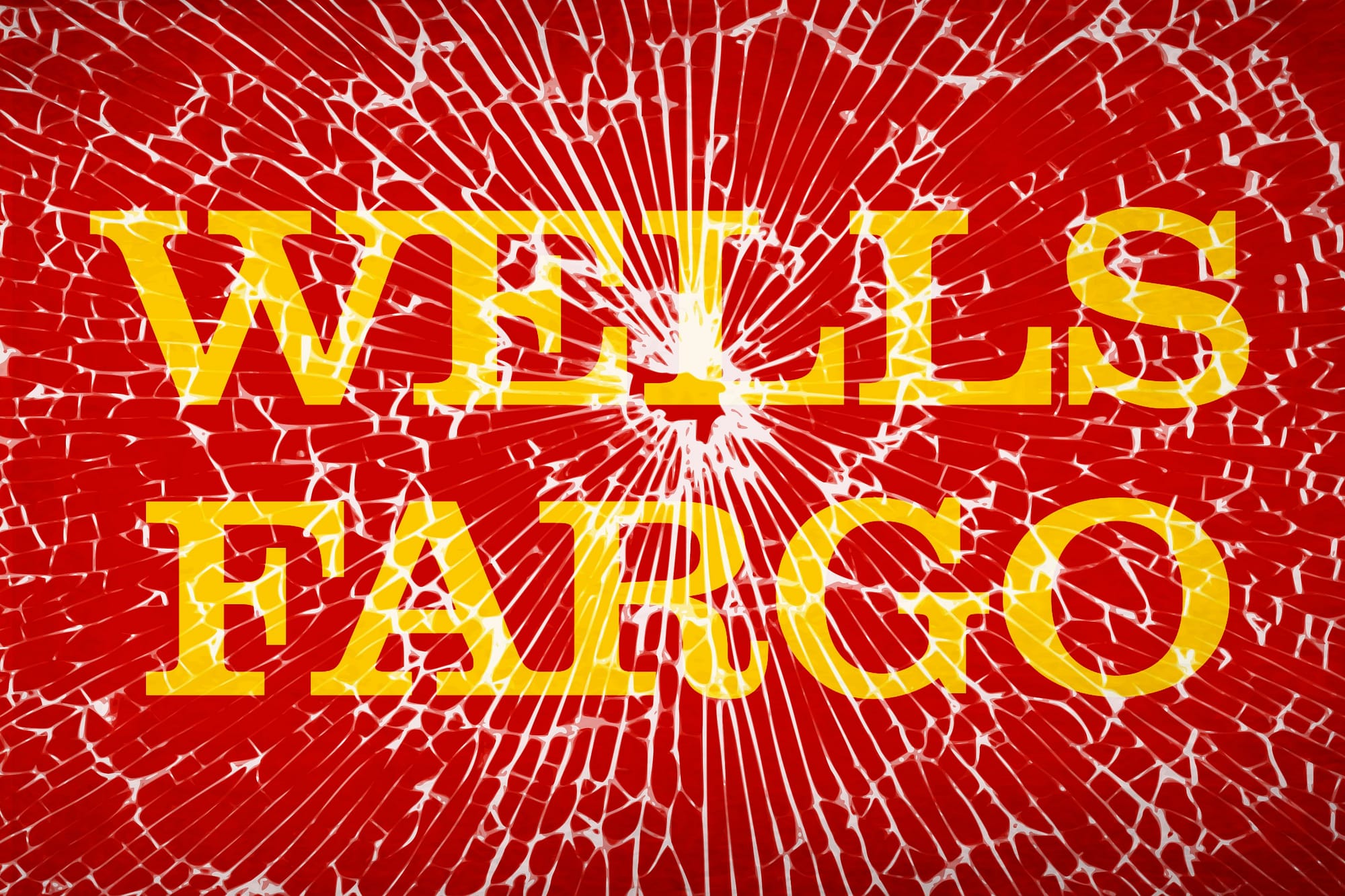 Illustration of Wells Fargo logo behind broken glass screen.